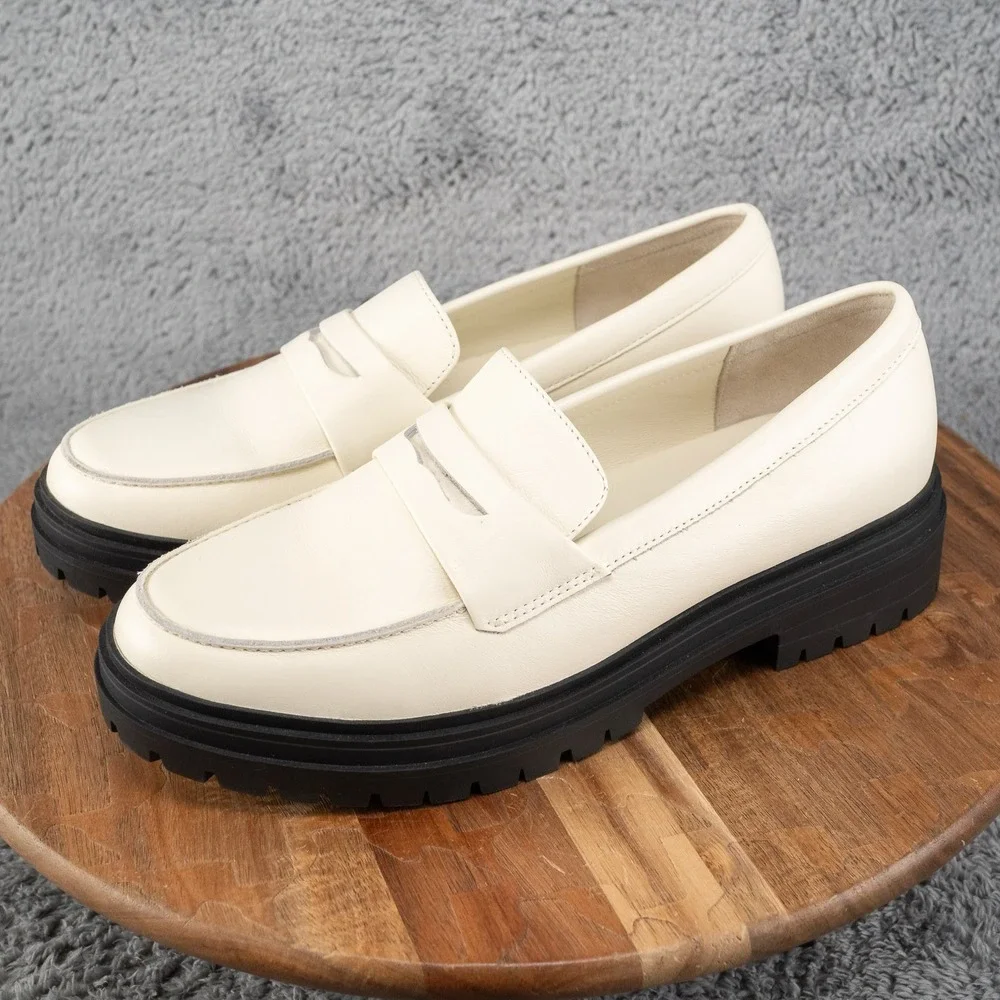 Quince Italian‎ Leather Lug Sole Platform Chunky Loafers Ivory Women's Size 9.5